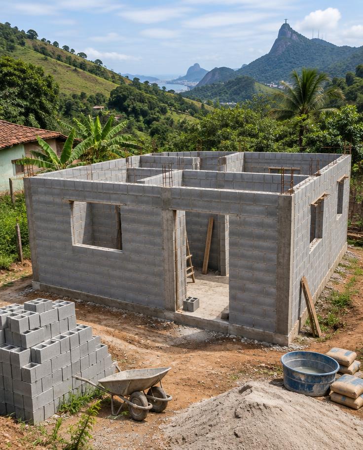 Casa em construção com blocos de concreto