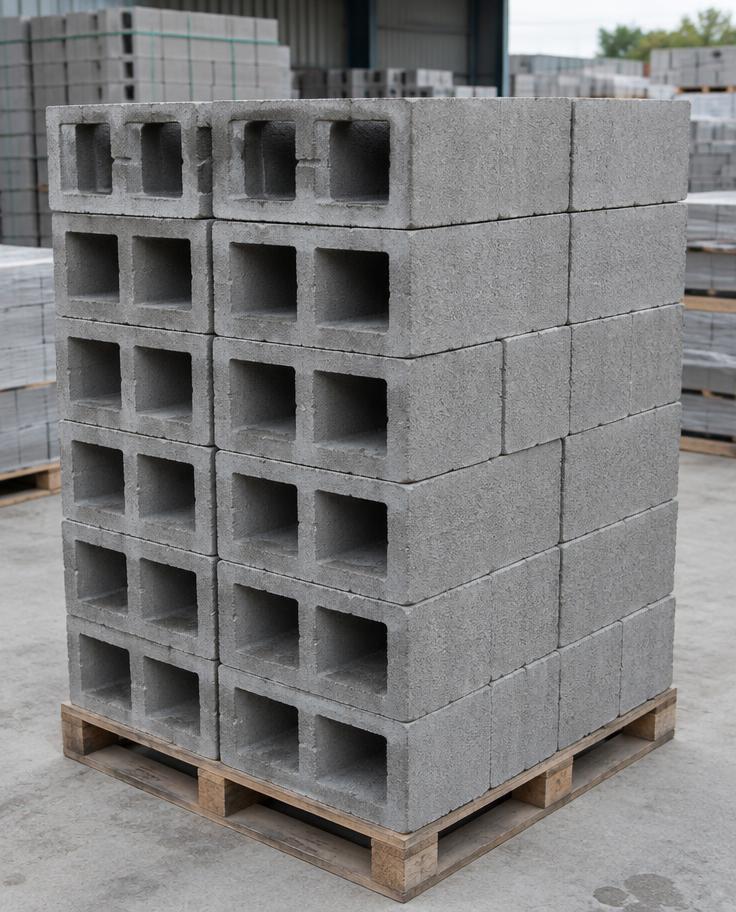 Blocos de concreto empilhados no palete